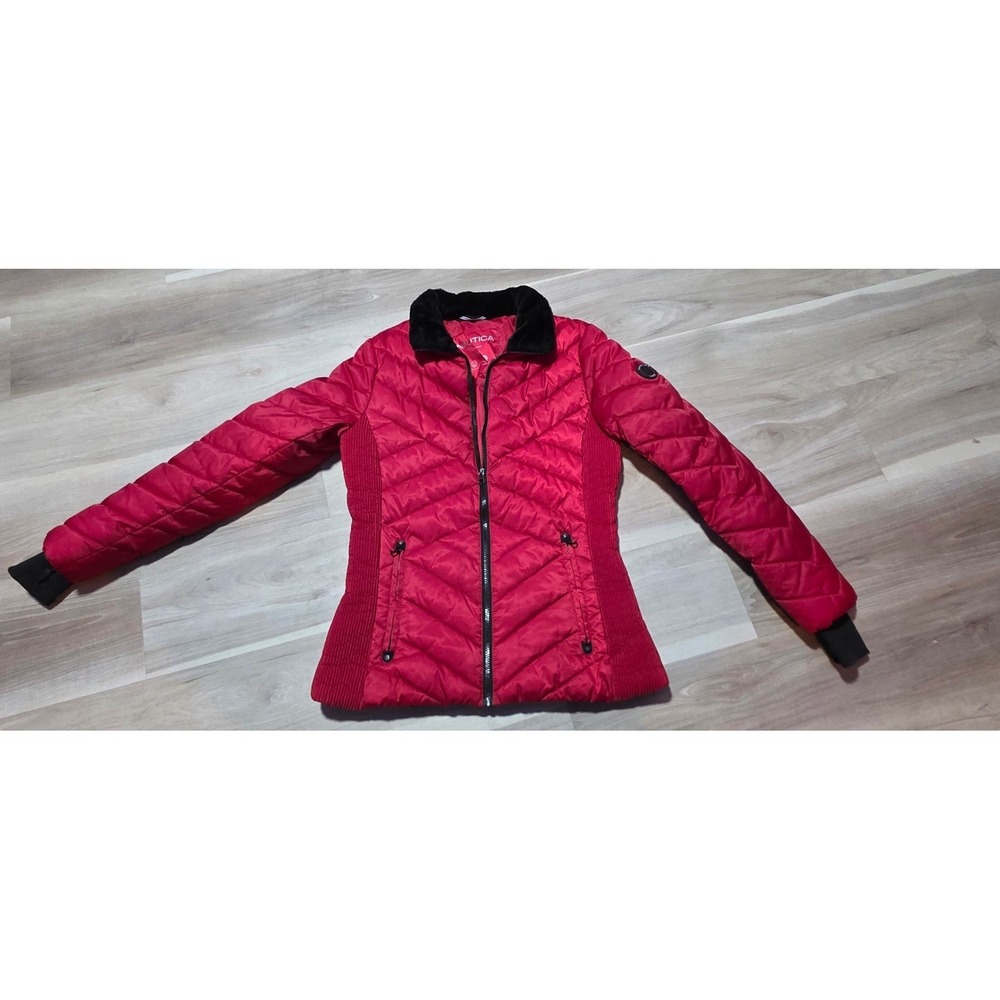 Nautica Red Quilted Puffer Jacket Faux Fur Collar Size S